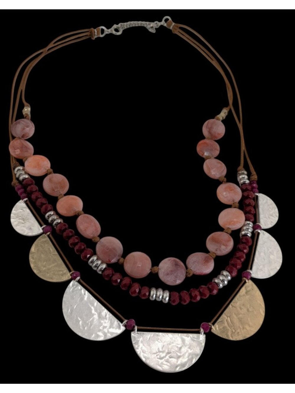 Boho Tribal Layered Statement Necklace Pink Beads Mixed Metal Discs